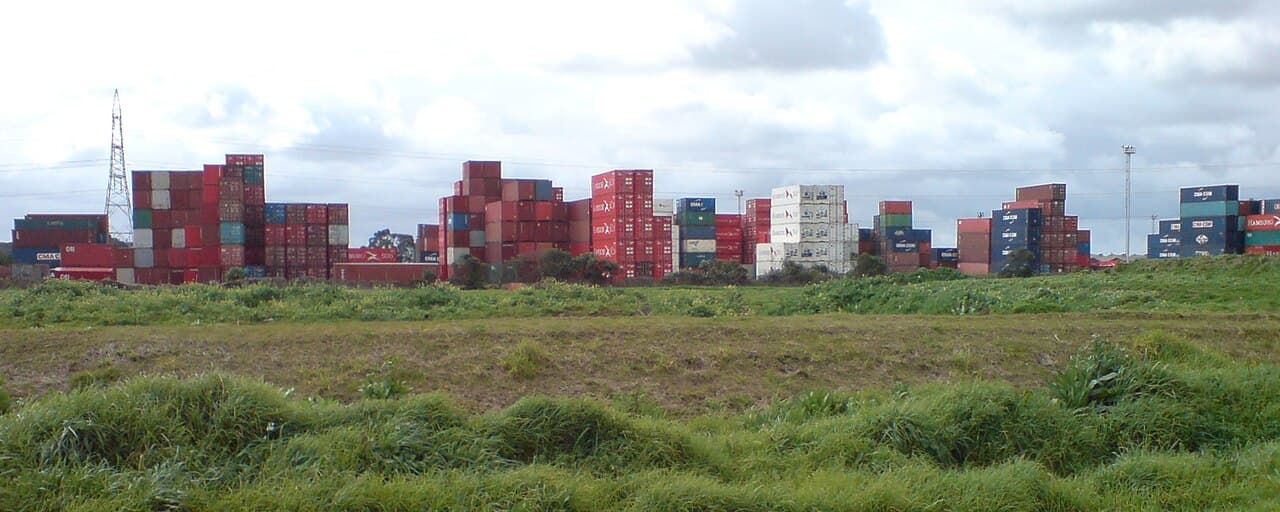 Southdown container freight yards in Auckland, New Zealand, showing stacked shipping containers and rail infrastructure