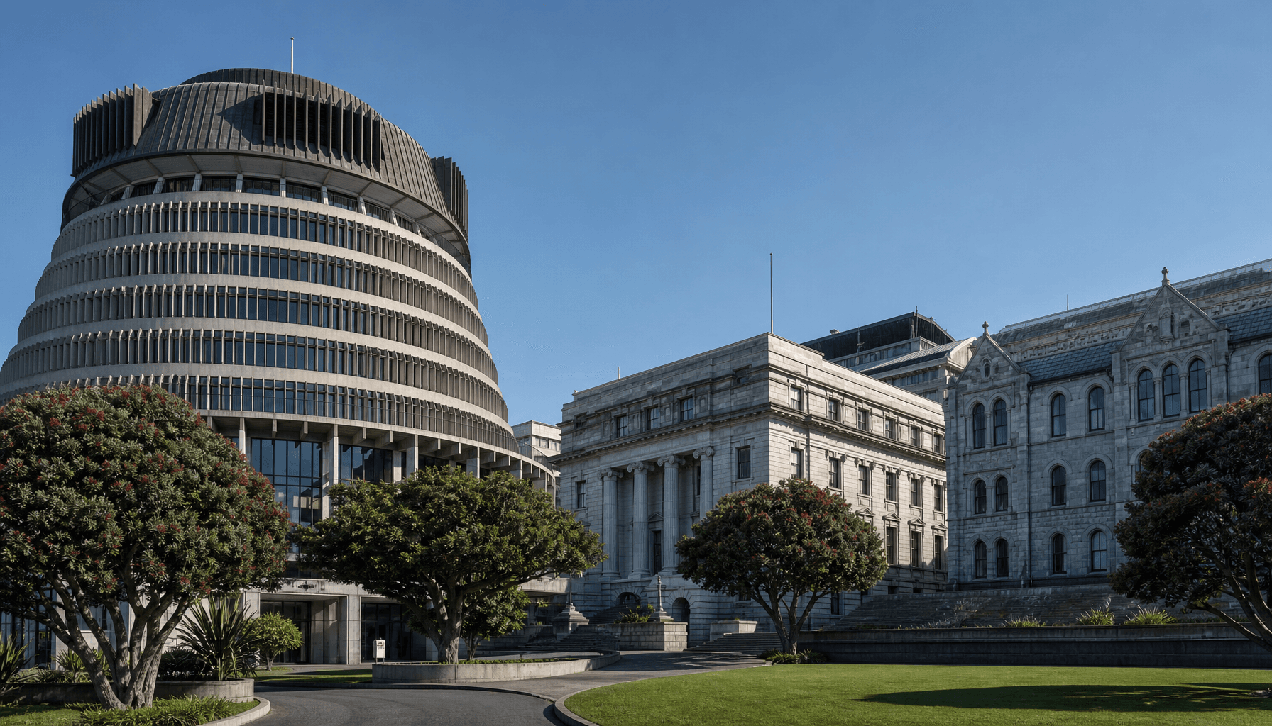 The Beehive executive wing and Parliament Buildings in Wellington on a clear morning.