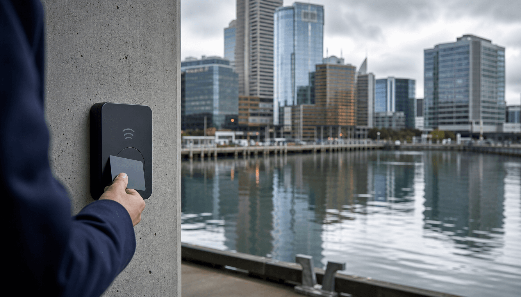 Auckland CBD waterfront banking towers reflected in harbour water, foreground contactless payment tap