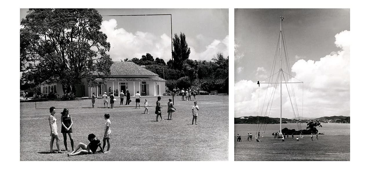 The Treaty House and flagstaff at Waitangi Treaty Grounds, Northland, New Zealand