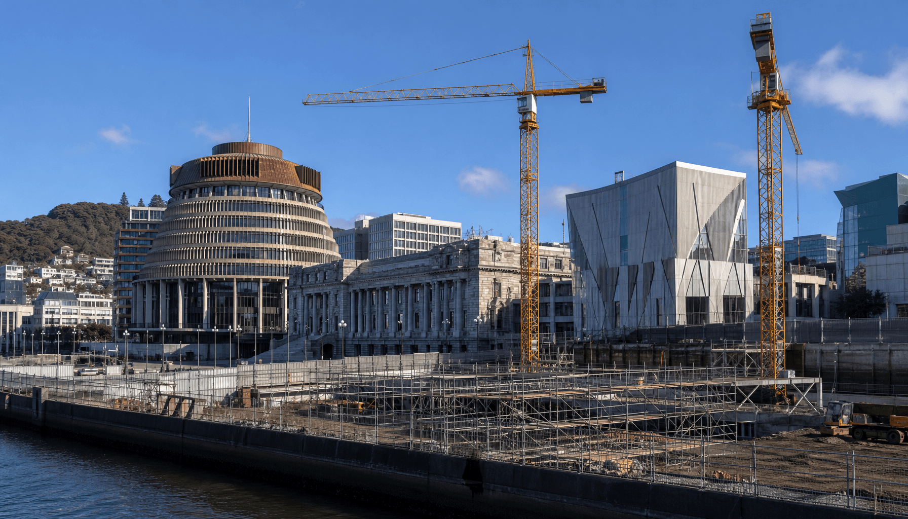 Wellington construction cranes rise beside the Beehive in the CBD under clear sky