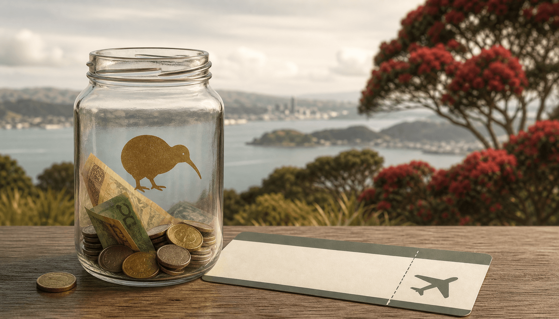 A glass savings jar with a kiwi motif, partially emptied of coins, beside a one-way boarding pass, set against a New Zealand harbour backdrop