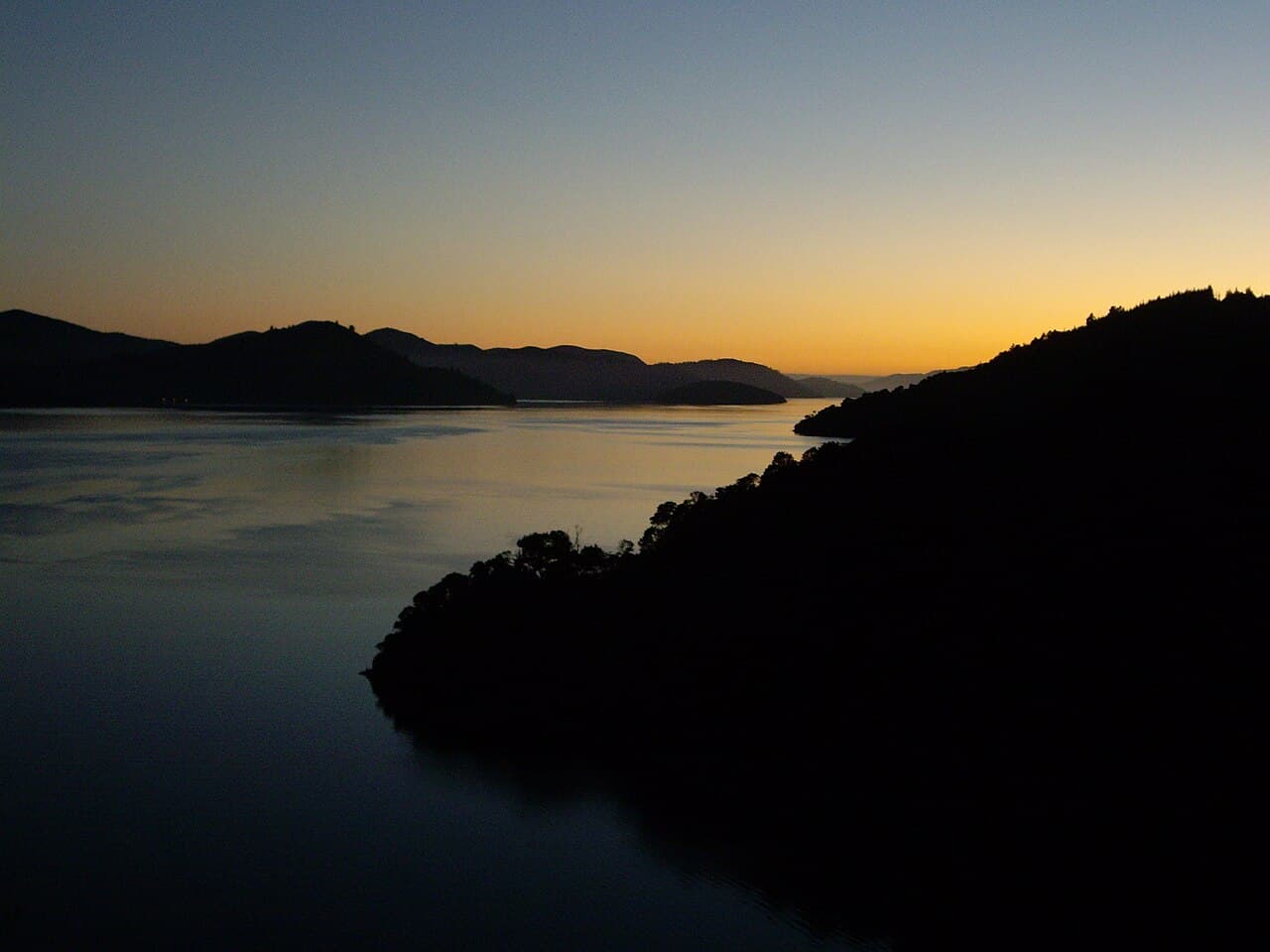 Aerial view of the Marlborough Sounds, South Island, New Zealand, showing steep forested hills descending to sheltered coastal waterways