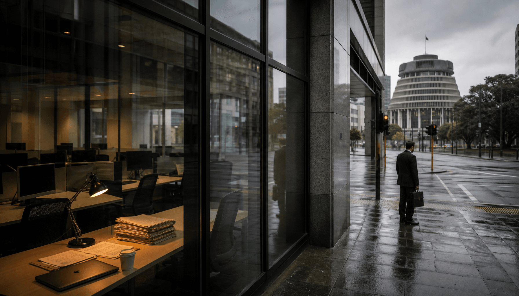 Wellington Lambton Quay office building interior showing empty desks and quiet street below on an overcast morning