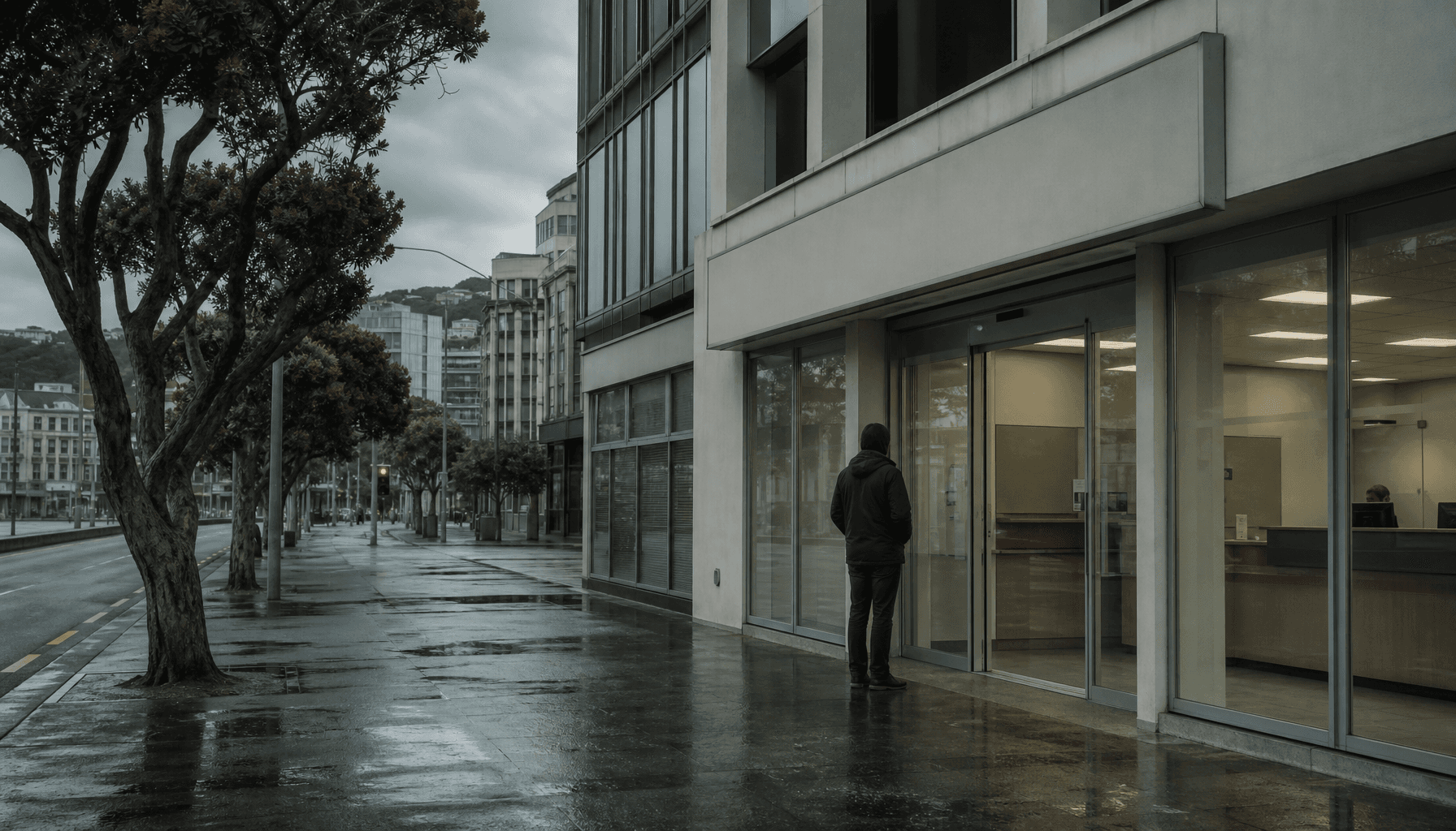 A lone customer stands outside a generic New Zealand bank branch on a quiet Wellington street, pohutukawa trees lining the damp footpath under an overcast sky