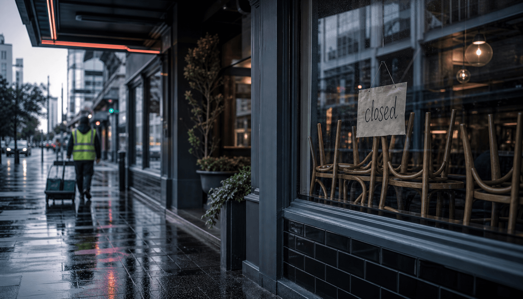 A quiet Auckland café street under overcast skies, chairs stacked inside a closed shopfront