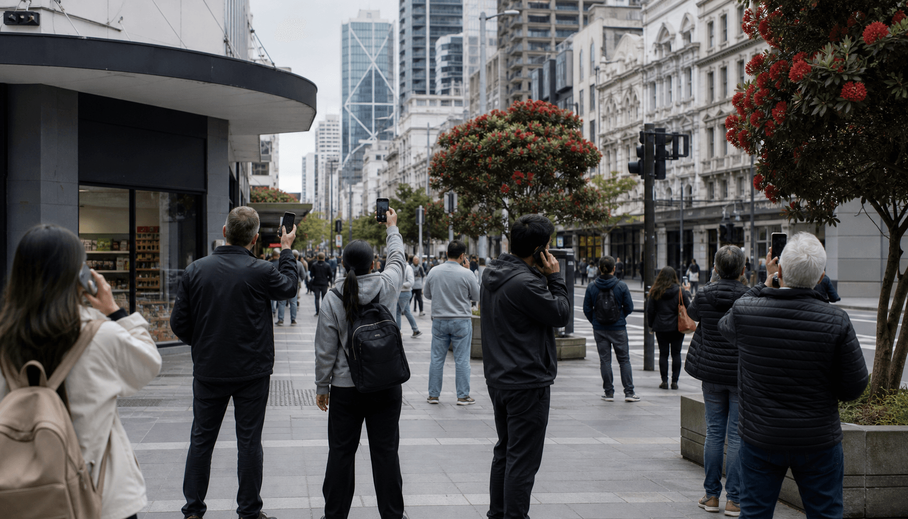 Auckland Queen Street pedestrians checking mobile phones on a weekday afternoon