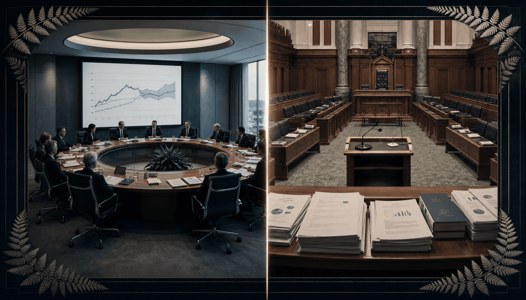 Split editorial scene depicting a central bank boardroom alongside a government budget chamber, representing the back-to-back RBNZ and Budget 2026 decisions