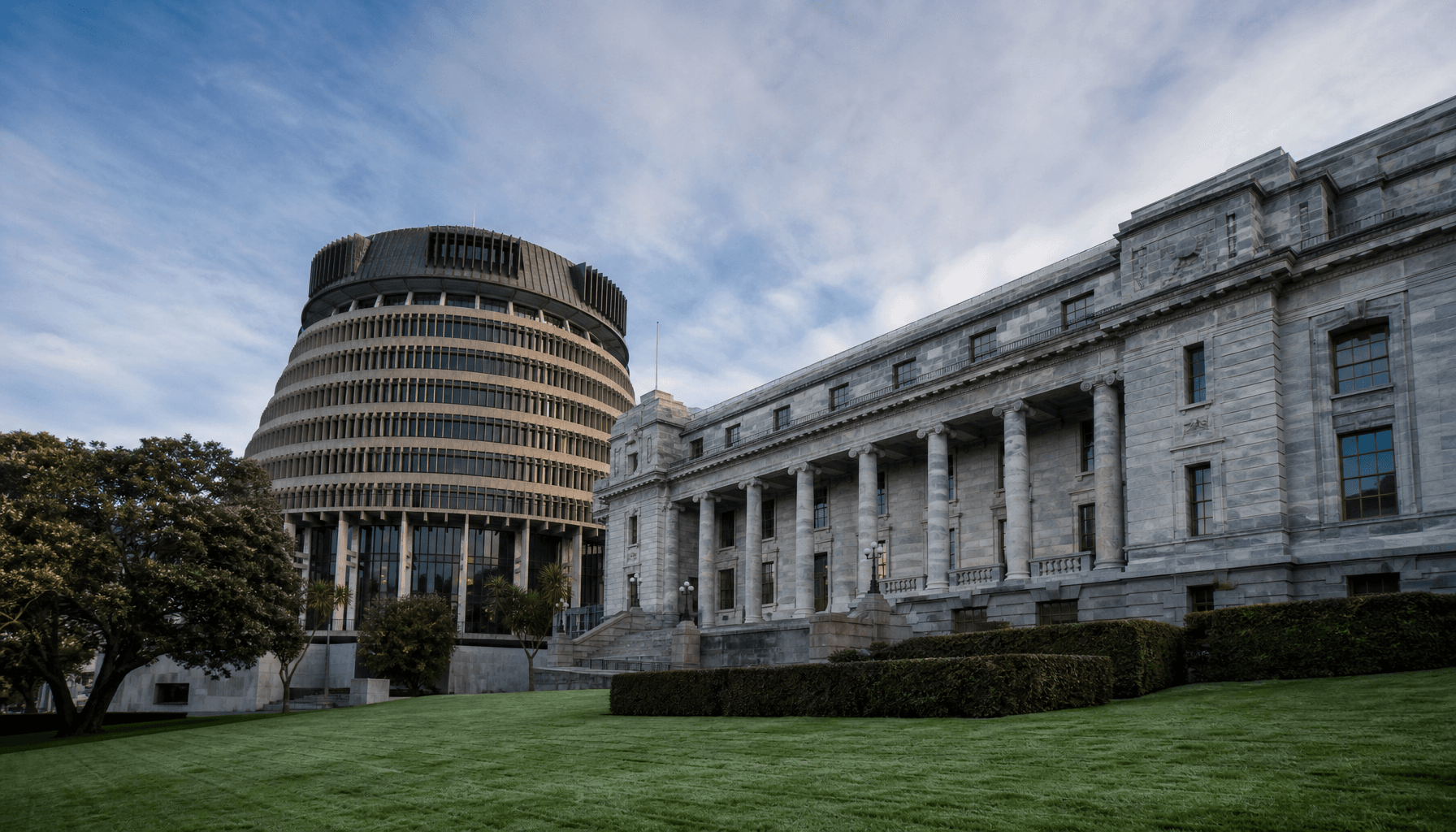 Beehive executive wing and Parliament Buildings in Wellington on a clear autumn morning