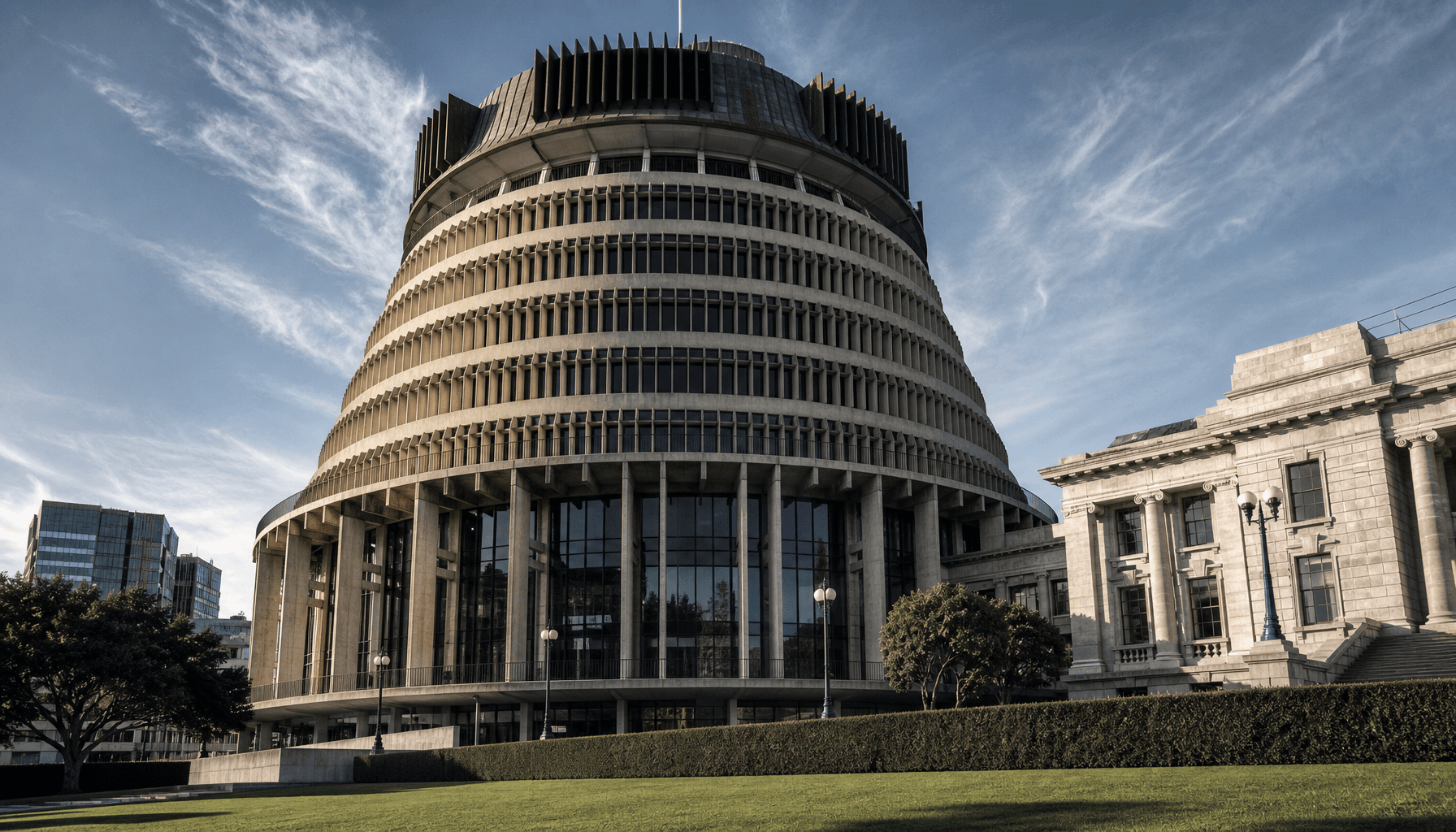 The Beehive executive wing of New Zealand's Parliament Buildings in Wellington on a clear autumn morning.
