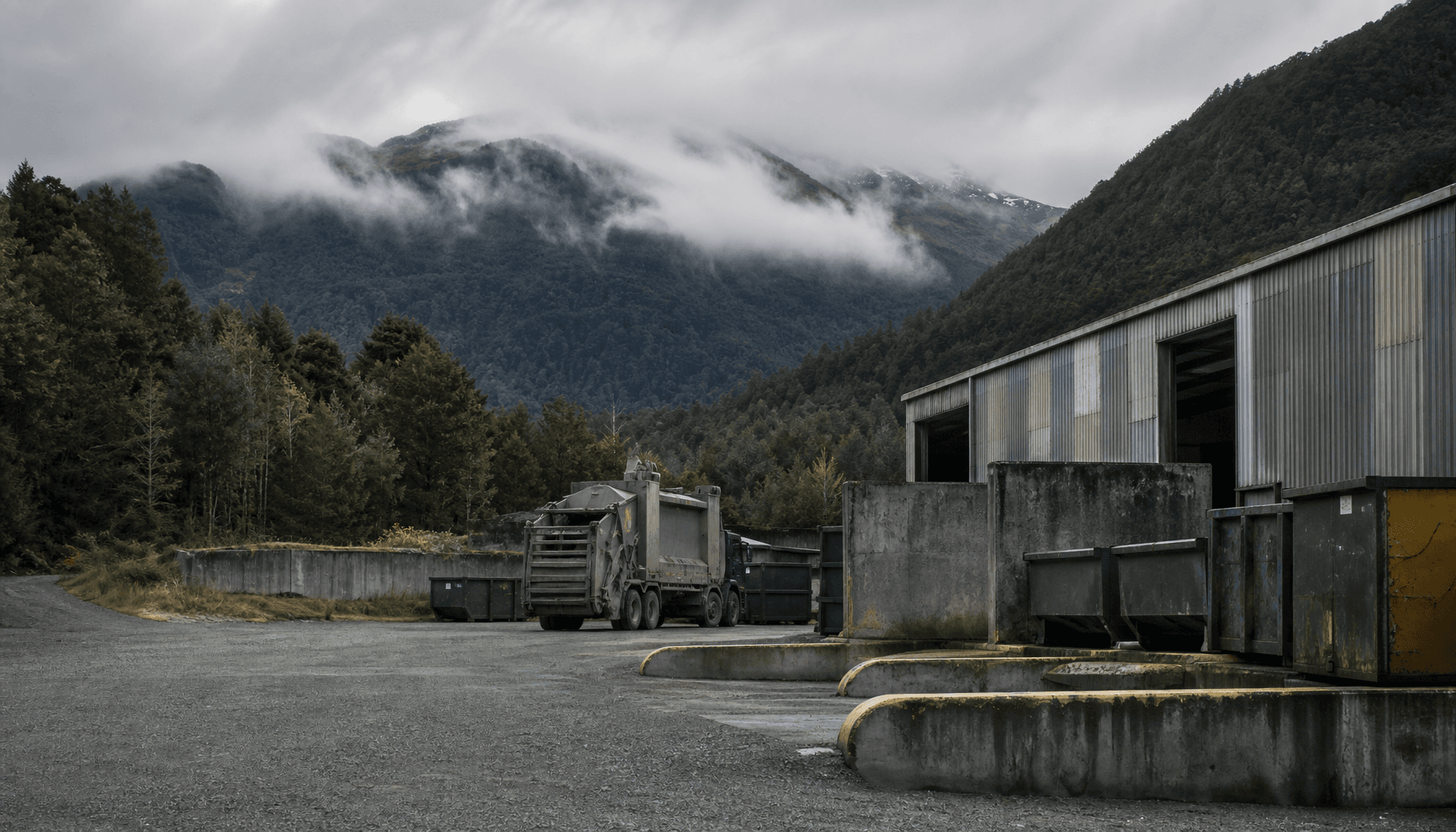 Empty rural waste transfer station near Te Anau with beech forest and Fiordland ranges in background